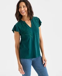 Style Co Womens Cotton Embroidered Flutter Sleeve Knit Top Macys Exclusive