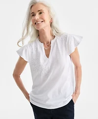 Style & Co Women's Cotton Embroidered Flutter-Sleeve Knit Top, Macy's Exclusive