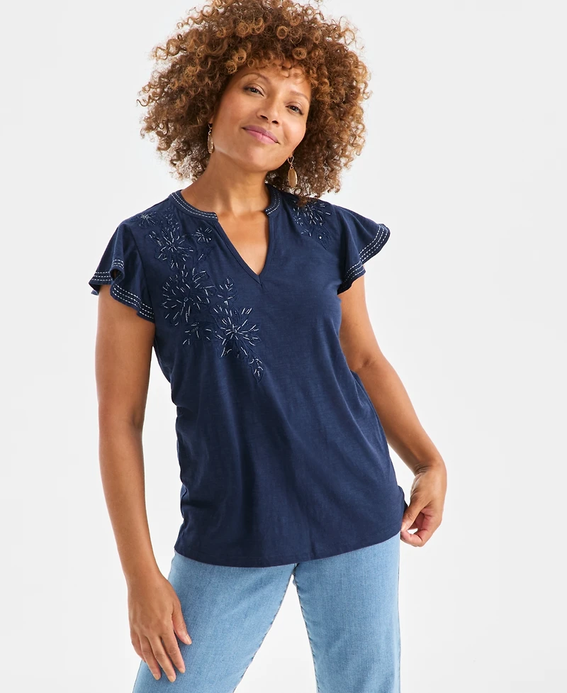 Style & Co Women's Cotton Embroidered Flutter-Sleeve Knit Top, Macy's Exclusive