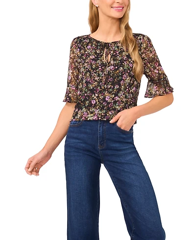 CeCe Women's Split Tie Neck Ruffle Cuff Top