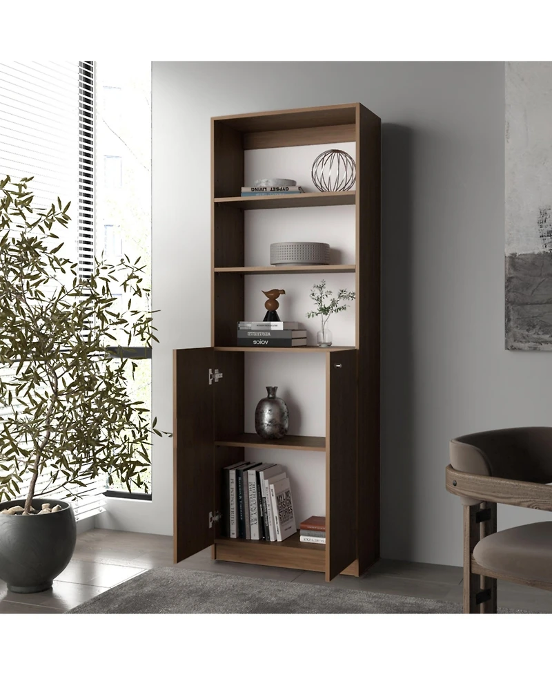 Beyerville Bookcase with Open Storage and 2 Doors, Natural Oak and White