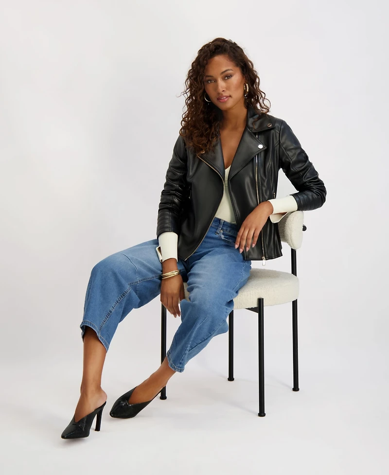 Kensie Women's Asymmetrical Pu Peplum Moto Jacket with Quilting Details