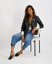 Kensie Women's Asymmetrical Pu Peplum Moto Jacket with Quilting Details