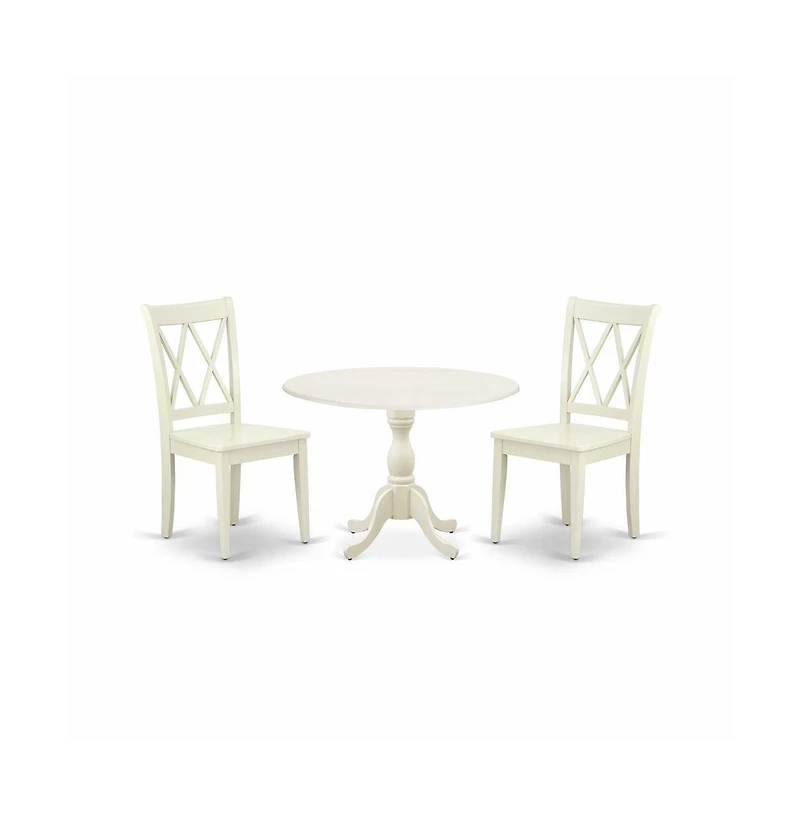 East West Furniture 3 Piece Dining Set Contains 1 Drop Leaves Dining Room Table and 2 Linen White Dinning Room Chairs with Double X-Back
