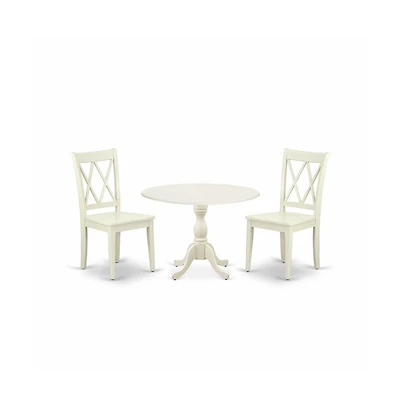 East West Furniture 3 Piece Dining Set Contains 1 Drop Leaves Dining Room Table and 2 Linen White Dinning Room Chairs with Double X-Back