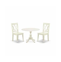 East West Furniture 3 Piece Dining Set Contains 1 Drop Leaves Dining Room Table and 2 Linen White Dinning Room Chairs with Double X-Back