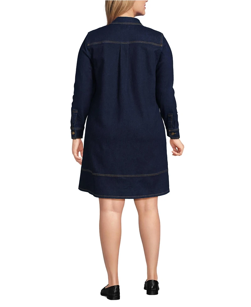 Lands' End Women's Plus Soft Denim Popover Long Sleeve Shirt Dress