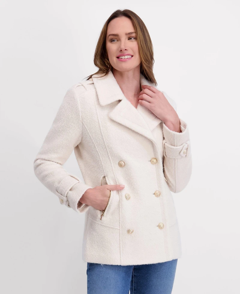 Kensie Women's Boucle Peacoat with Gold Accents