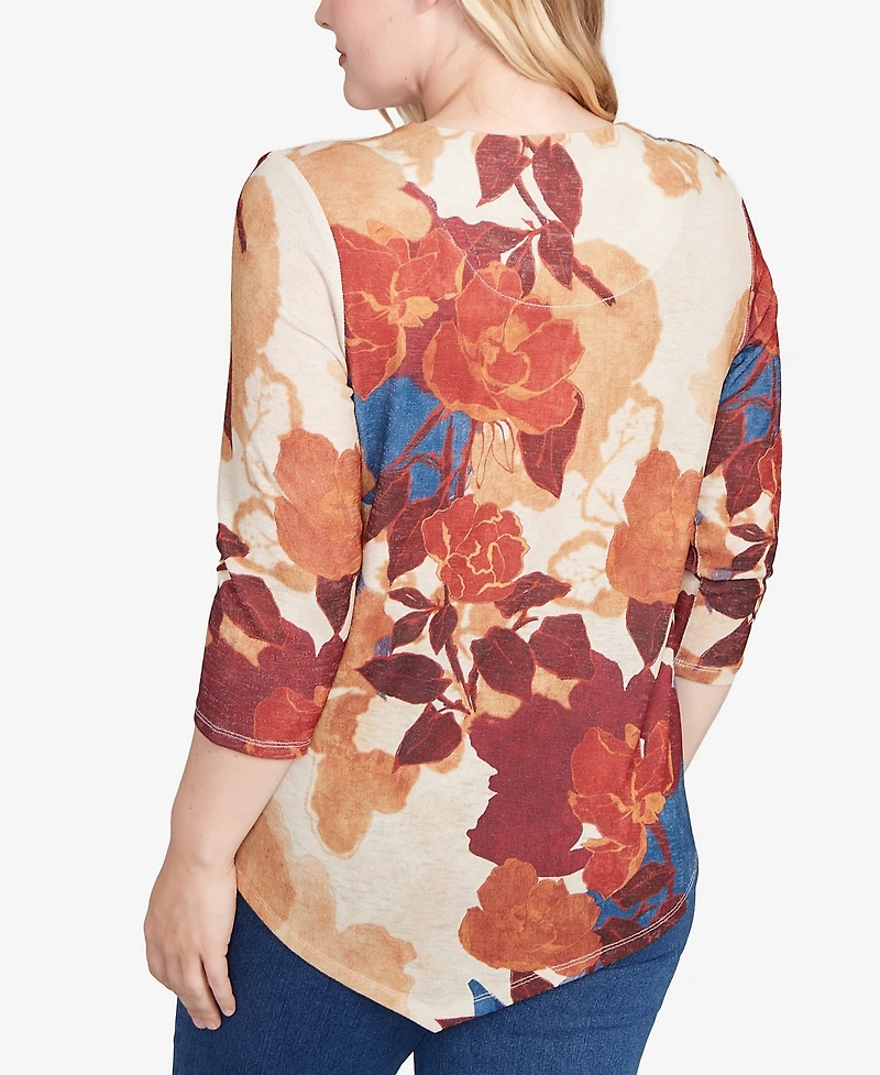 Alfred Dunner Petite Sunset Canyon Dramatic Abstract Floral Asymmetrical Top