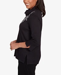 Alfred Dunner Petite Lake Champlain Leaf Embroidered Rib Neck Top