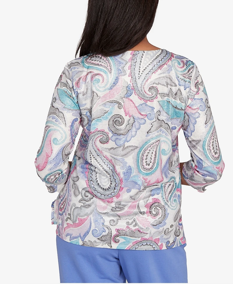 Alfred Dunner Petite Casual Vibe Pleated Paisley Crew Neck Top