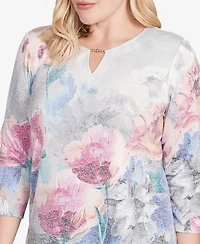 Alfred Dunner Petite Casual Vibe Floral Brushstroke Beaded Split Neck Top