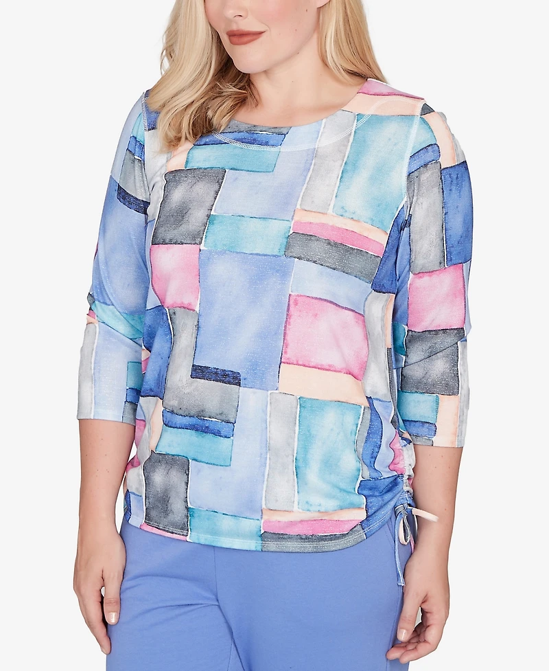 Alfred Dunner Petite Casual Vibe Tie Side Ruched Colorblock Top