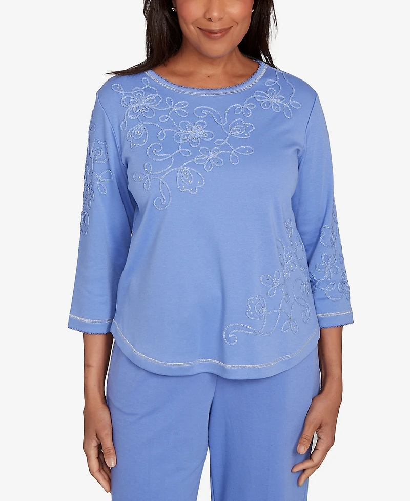 Alfred Dunner Petite Casual Vibe Asymmetrical Floral Embroidered Detail Top
