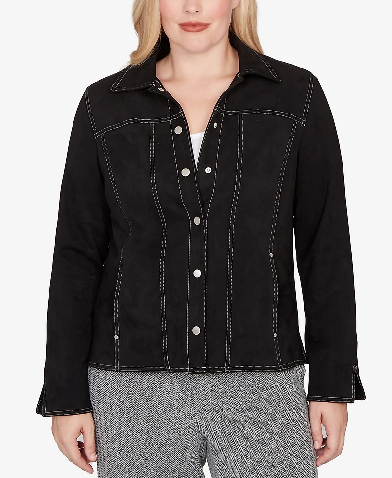 Alfred Dunner Petite Jet Setter Print Lining Faux Suede Jacket