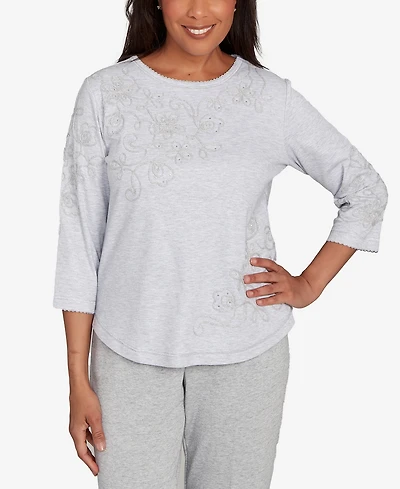 Alfred Dunner Petite Casual Vibe Asymmetrical Floral Embroidered Detail Top