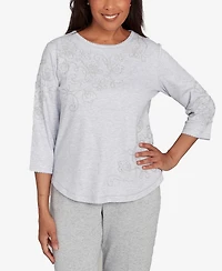 Alfred Dunner Petite Casual Vibe Asymmetrical Floral Embroidered Detail Top