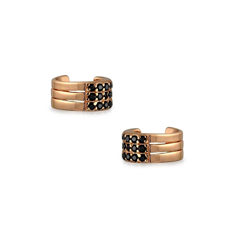 Bling Jewelry Two Tone Black Cubic Zirconia Pave Cz Triple 3 Band Cartilage Ear Cuffs Clip Wrap Earrings Rose Gold Plated .925 Sterling Silver