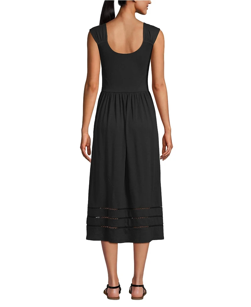 Lands' End Women's Slub Cap Sleeve Shirred Skirt Midi Dress