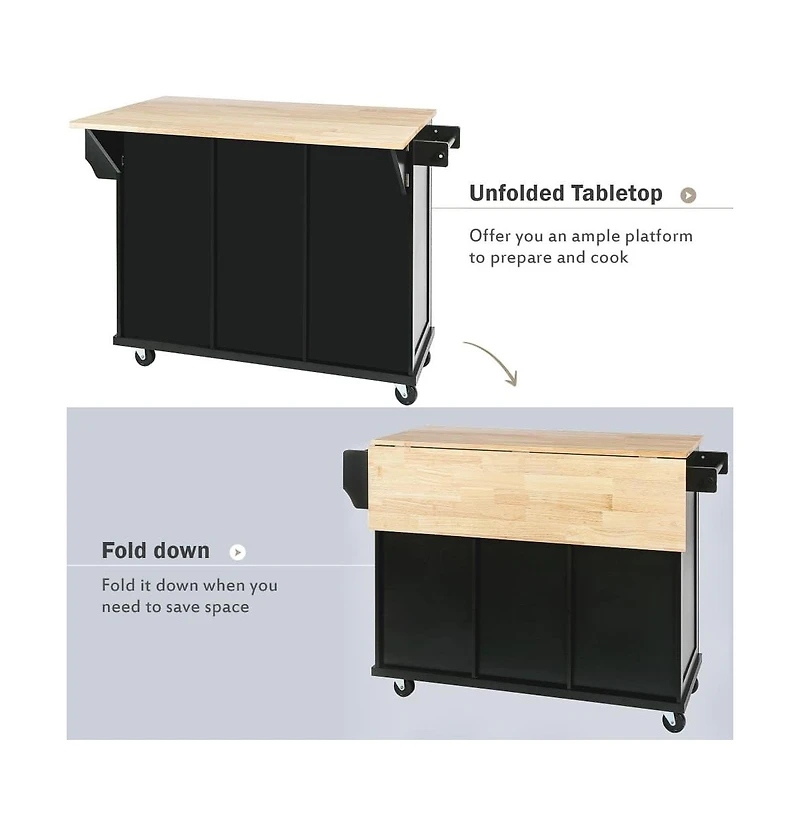 Maison Boucle Kitchen Island Cart with Drop Leaf, Rubber Wood Top, 3 Drawers & Internal Racks, Rolling Storage on Wheels-Maison