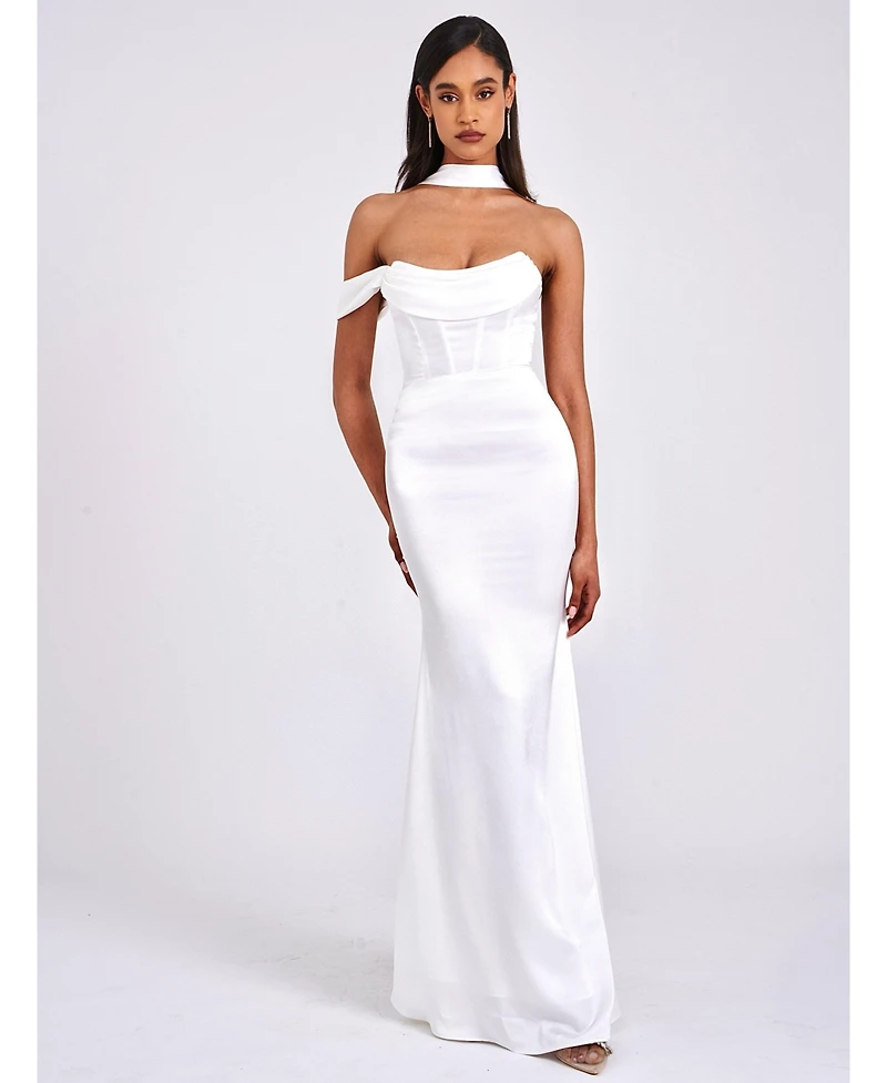 Miss Circle Women Ivona White Halter Neck Double Duchess Satin Gown