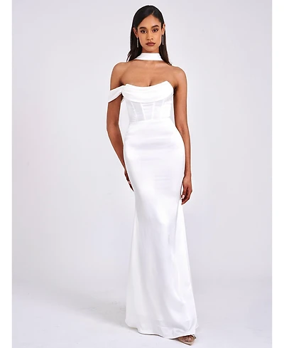 Miss Circle Women Ivona White Halter Neck Double Duchess Satin Gown