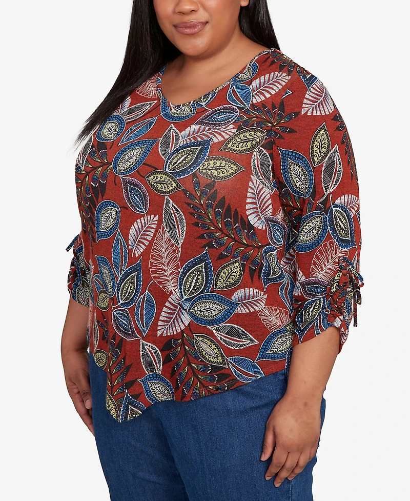 Alfred Dunner Plus Sunset Canyon Batik Leaves Melange Asymmetrical Top