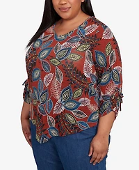 Alfred Dunner Plus Sunset Canyon Batik Leaves Melange Asymmetrical Top