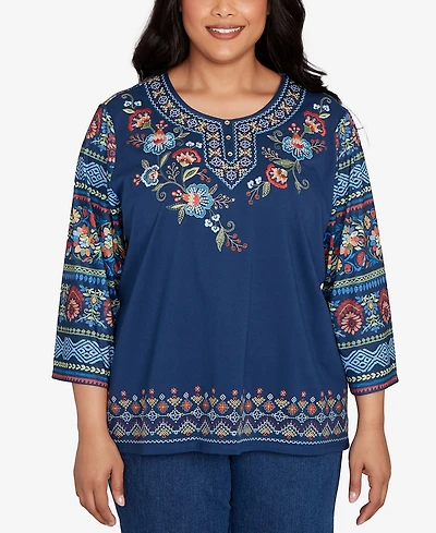 Alfred Dunner Plus Sunset Canyon Printed Sleeve Floral Embroidered Top