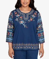 Alfred Dunner Plus Sunset Canyon Printed Sleeve Floral Embroidered Top