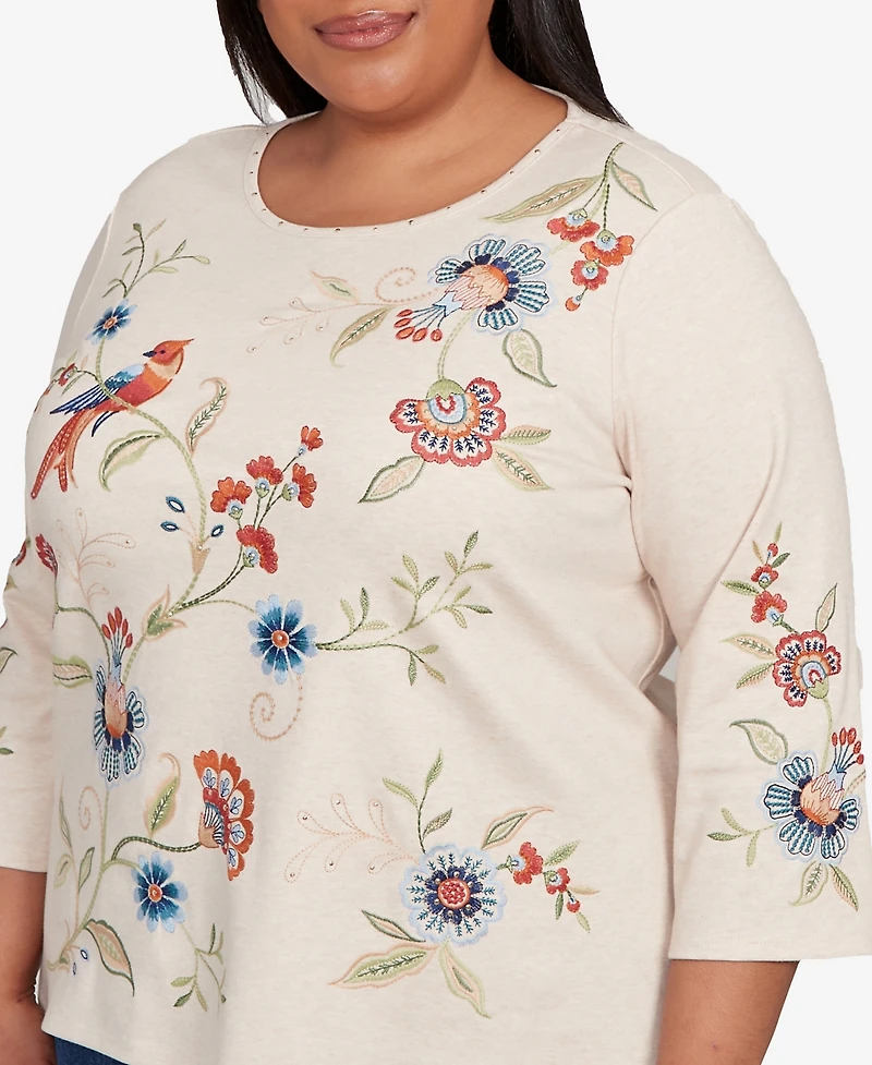 Alfred Dunner Plus Sunset Canyon Allover Floral Embroidered Crew Neck Top