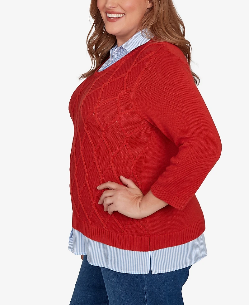 Alfred Dunner Plus Sunset Canyon Stitched Cable Stripe Woven Trim Sweater