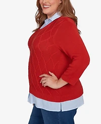 Alfred Dunner Plus Sunset Canyon Stitched Cable Stripe Woven Trim Sweater
