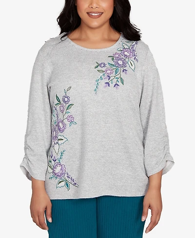 Alfred Dunner Plus Lake Champlain Embroidered Flowers Top with Side Tie Ruching