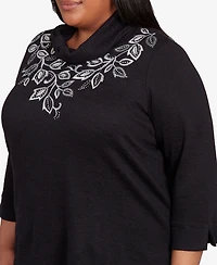 Alfred Dunner Plus Lake Champlain Leaf Embroidered Rib Neck Top