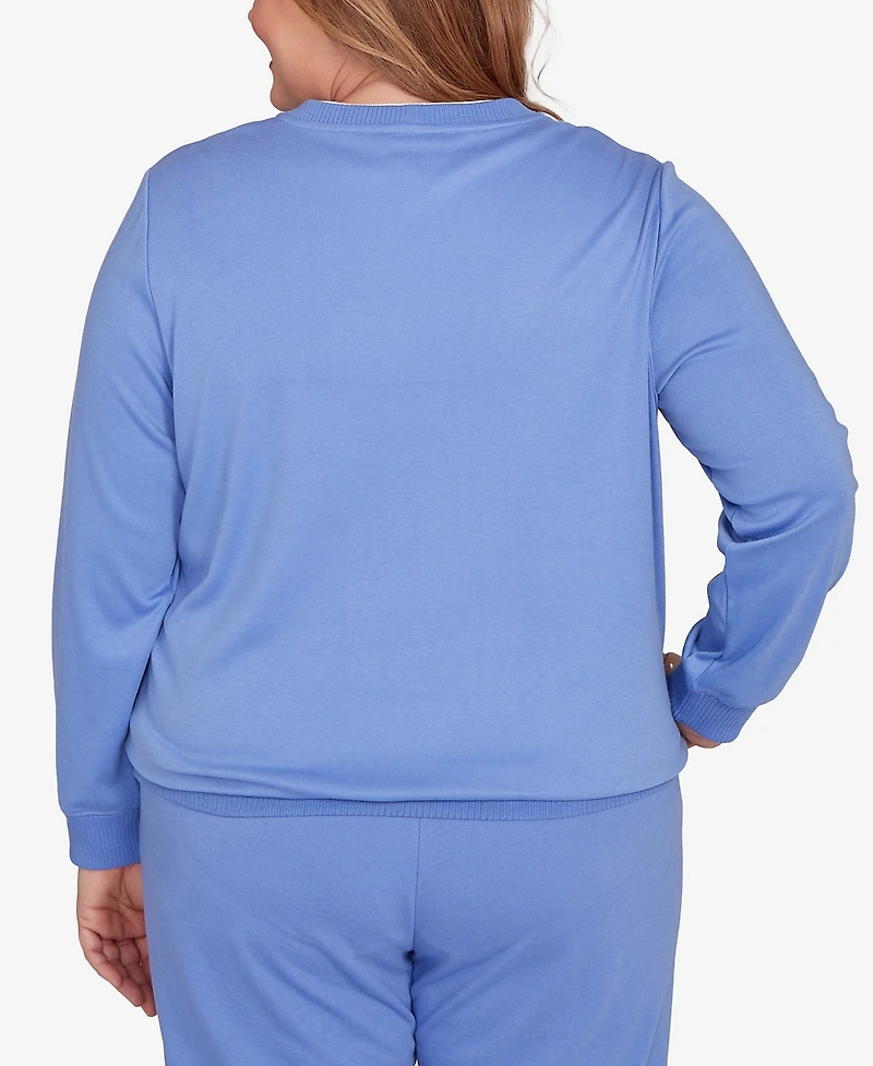 Alfred Dunner Plus Size Casual Vibe Embroidered Patchwork Long Sleeve Top