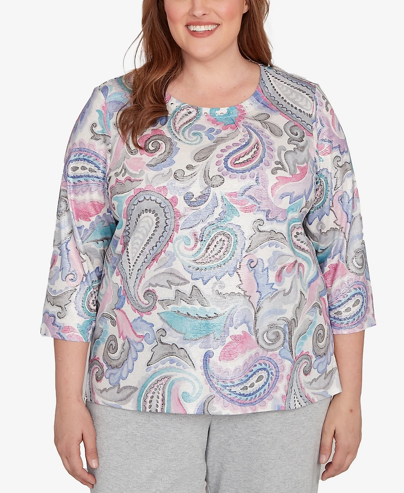 Alfred Dunner Plus Casual Vibe Pleated Paisley Crew Neck Top