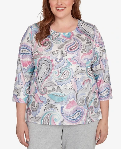 Alfred Dunner Plus Casual Vibe Pleated Paisley Crew Neck Top