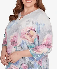 Alfred Dunner Plus Casual Vibe Floral Brushstroke Beaded Split Neck Top