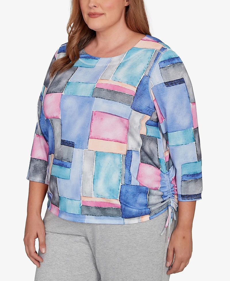 Alfred Dunner Plus Casual Vibe Tie Side Ruched Colorblock Top