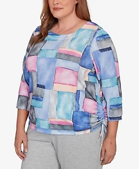 Alfred Dunner Plus Casual Vibe Tie Side Ruched Colorblock Top
