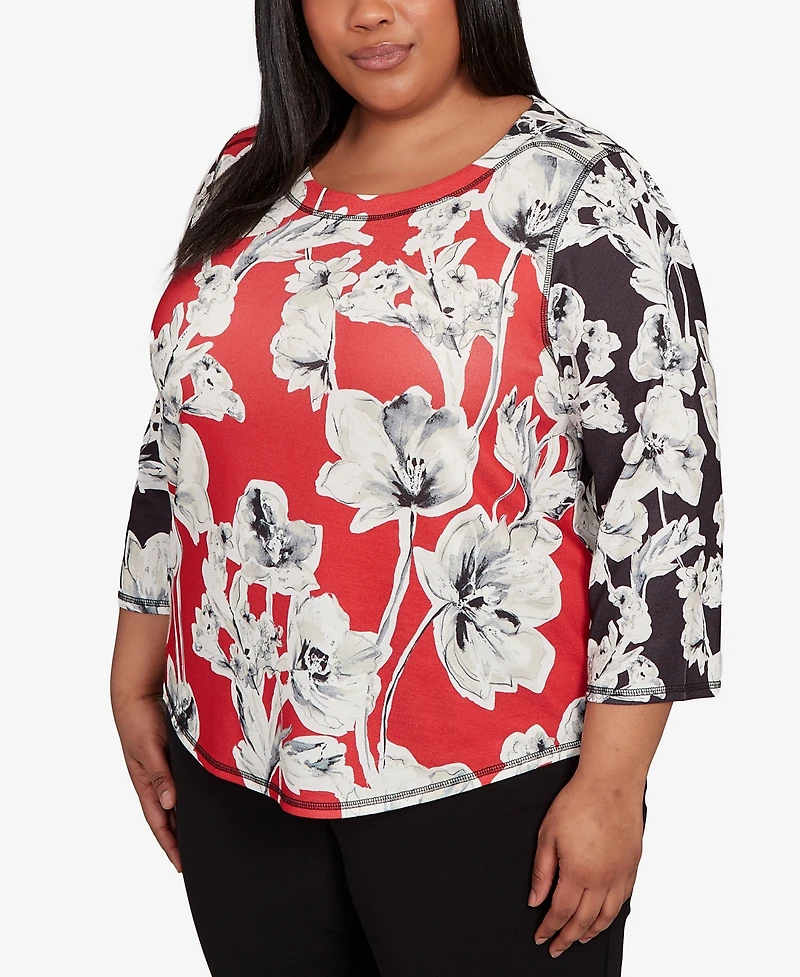 Alfred Dunner Plus Jet Setter Dynamic Floral Vintage Watercolor Top