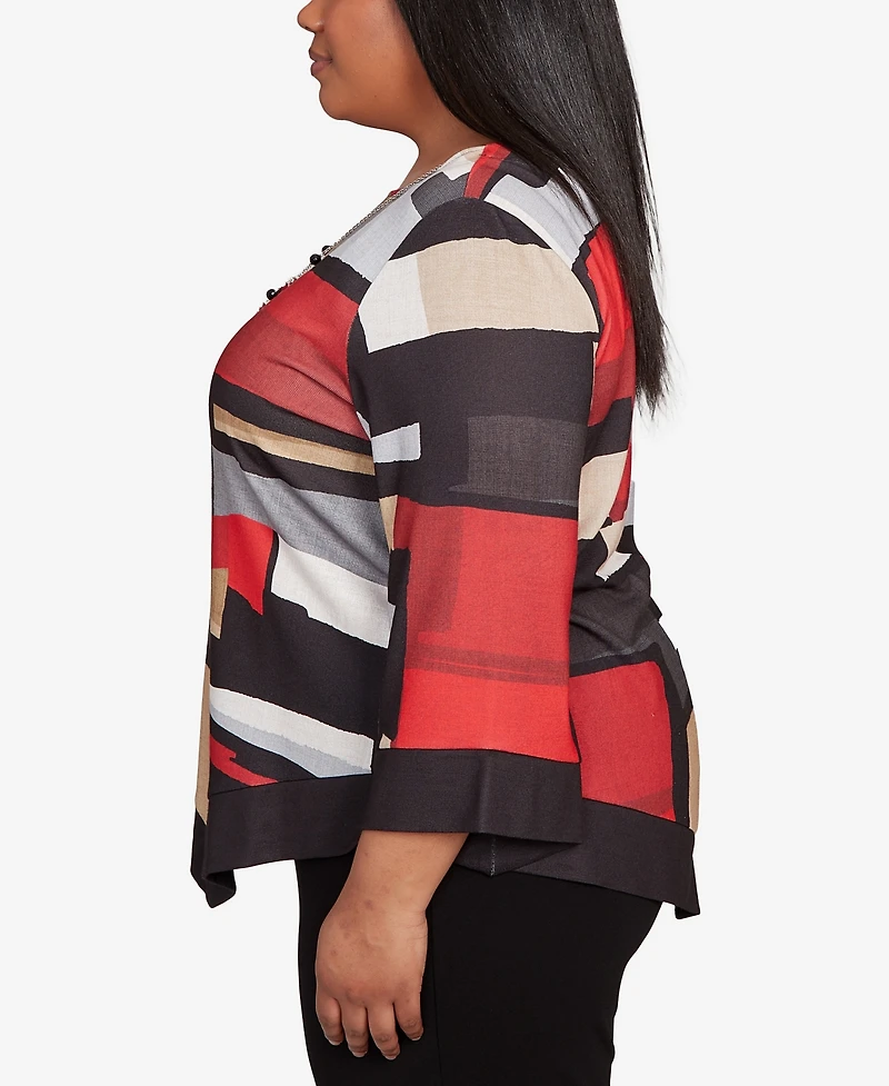 Alfred Dunner Plus Jet Setter Knit Colorblock Top with Necklace