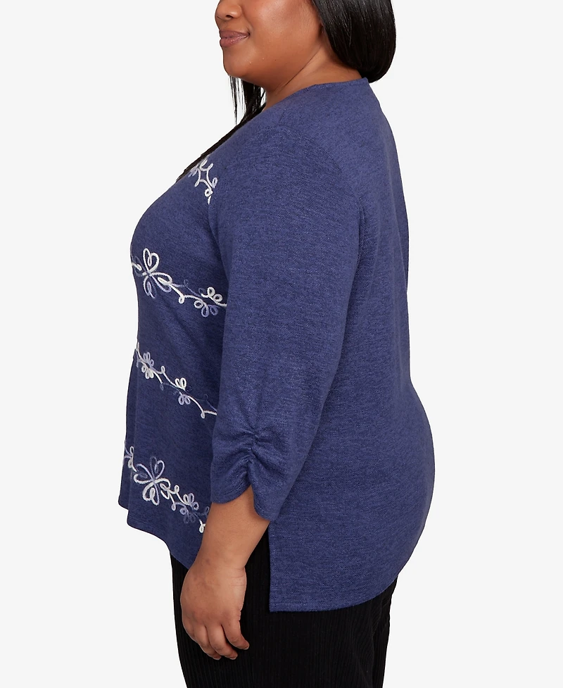 Alfred Dunner Plus Lake Champlain Embroidered Scroll Ruched Sleeve Top