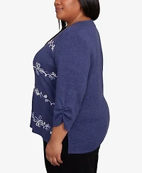 Alfred Dunner Plus Lake Champlain Embroidered Scroll Ruched Sleeve Top