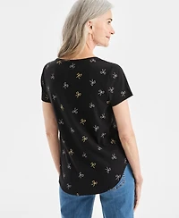 Style & Co Petite Short Sleeve Bow Print Top, Macy's Exclusive