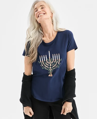 Style & Co Petite Menorah Printed Scoop Neck Top, Macy's Exclusive