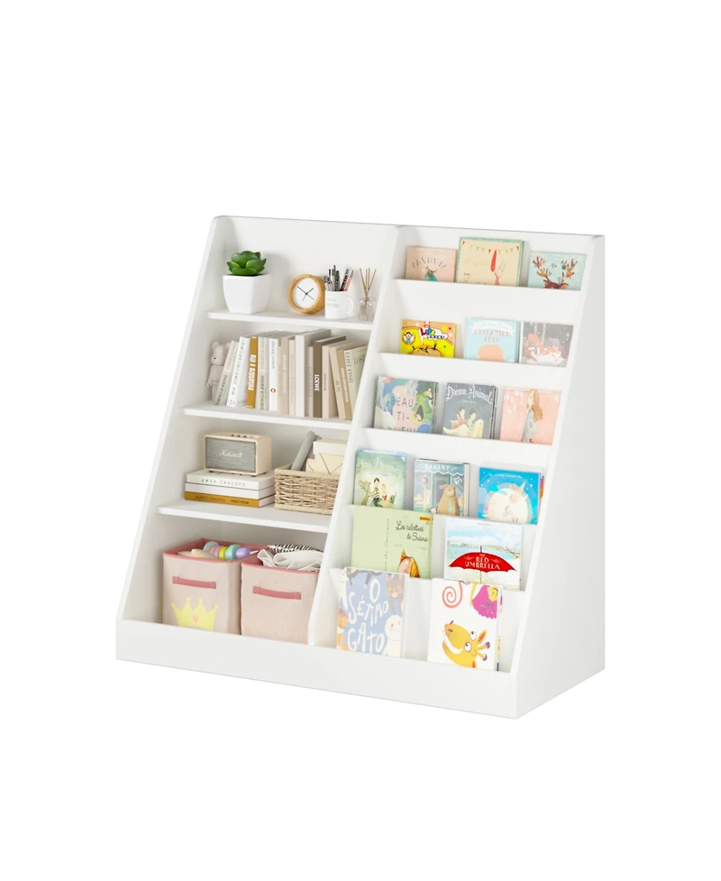 Jujabu 35 in. Wide Multifunctional 4 Tier Wooden White Kids Bookshelf and Toy Storage Organizer with Bookcase Display Stand