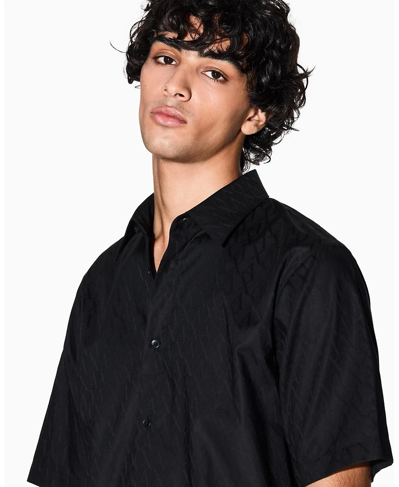 A|X Armani Exchange Men's Short Sleeve Cotton Jacquard Allover Logo Woven Shirt