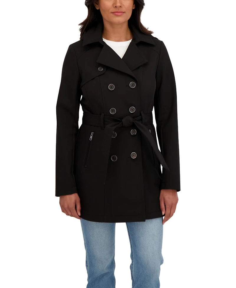 Sebby Collection Women's Belted Double Breasted Soft Shell Trench Coat With Detachable Hood